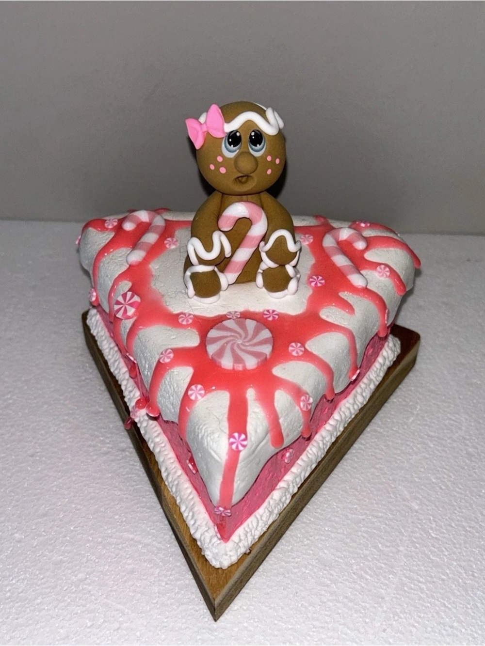 Pink Peppermint Gingerbread Fake Cake Slice on Wood Board Handmade
